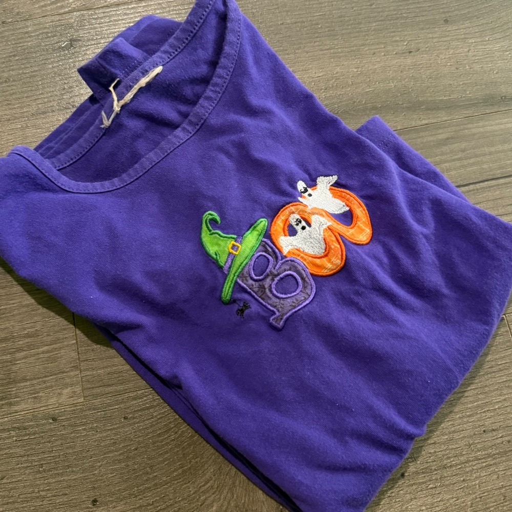 Purple Halloween Boo Ghost Witch Hat Embroidered 3/4 Sleeve Top Shirt Size Small